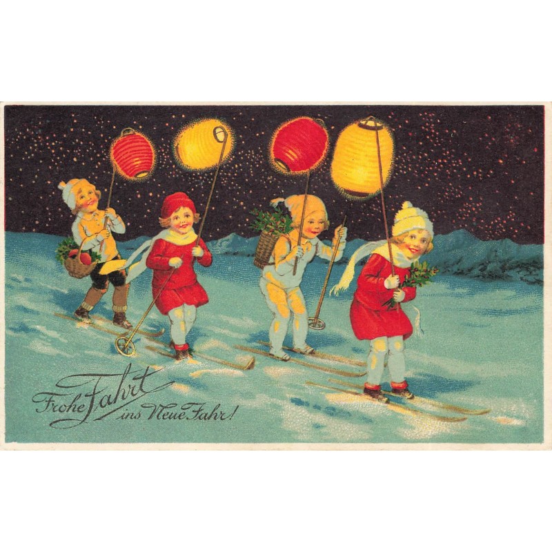 n°28474 - Flatscher - Frohe Fahrt ins Neue Jahr- Enfants sur des skis tenant des lampions