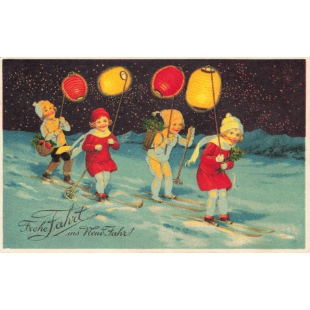 n°28474 - Flatscher - Frohe Fahrt ins Neue Jahr- Enfants sur des skis tenant des lampions