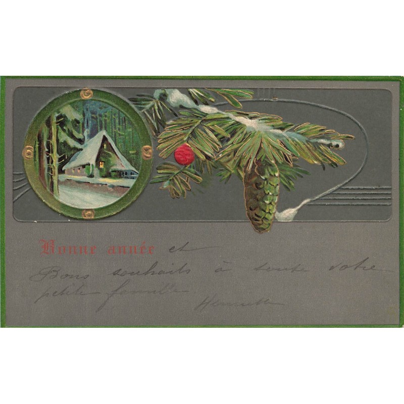 n°28482 - Carte Gaufrée - Bonne Année - Maison sous la neige, et pomme de pin