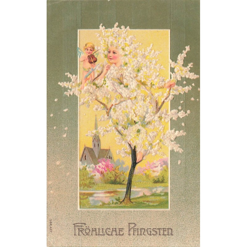 n°28485 - Carte Gaufrée - Pentecôte - Fröhliche Pfingsten - Un arbre humanisé écoutant un ange jouant du violon
