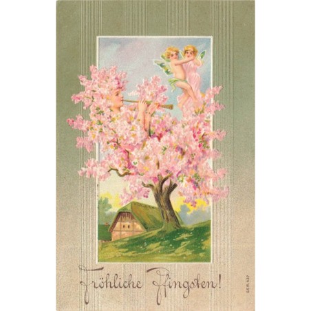 n°28486 - Carte Gaufrée - Pentecôte - Fröhliche Pfingsten - Un arbre humanisé regardant des anges dansant