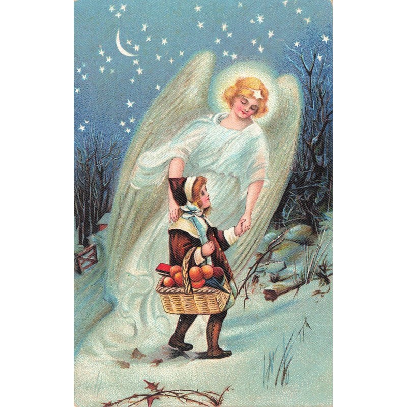 n°28488 - Carte Gaufrée - Ange Gardien accompagnant une fillette marchant dans la neige