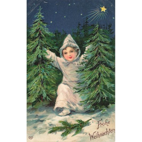 n°28490 - Carte Gaufrée - Noël - Fröhe Weihnachten - Enfant entre deux sapins