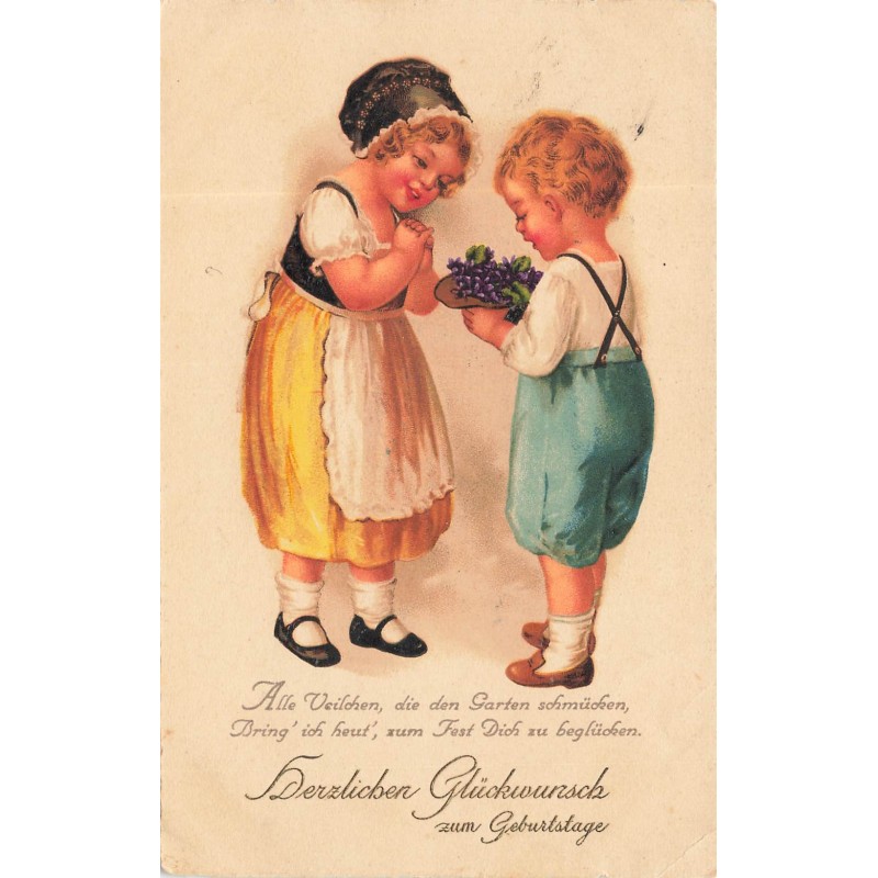 n°28492 - Anniversaire - Clapsaddle - Garçon offrant des violettes à une jeune fille