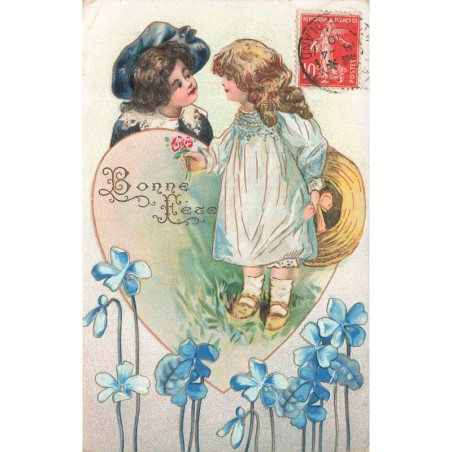 n°28494 - Carte Gaufrée - Bonne Fête - Deux fillettes discutant