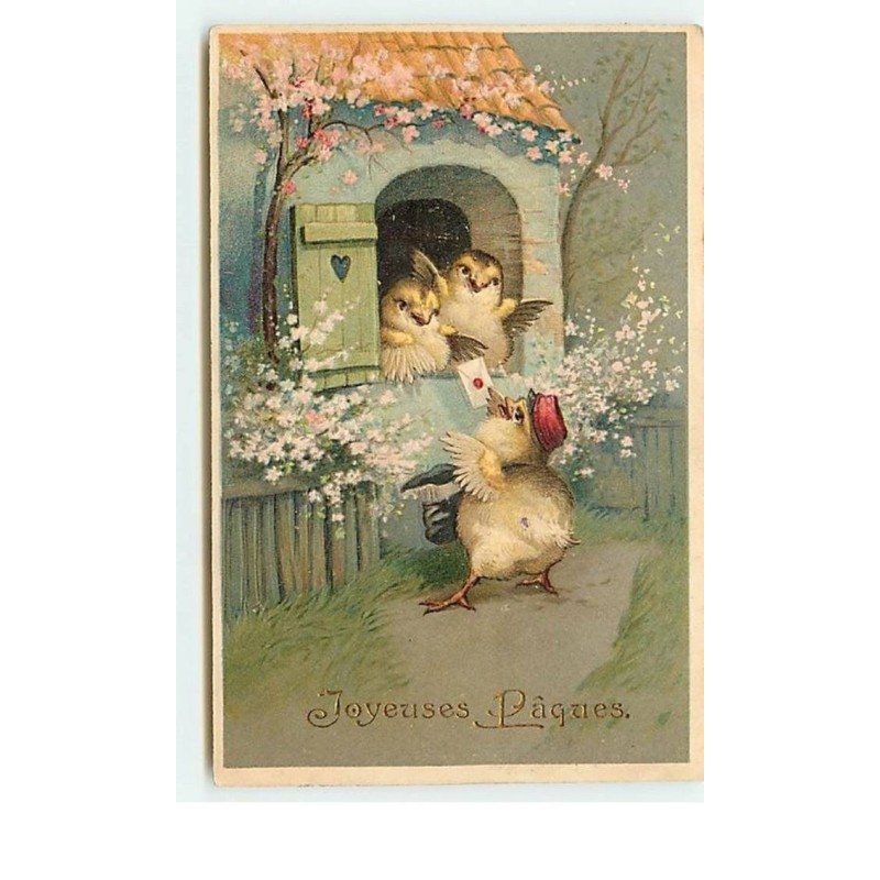 n°13424 - Carte Gaufrée - Joyeuses Pâques - Poussin habillé en facteur apportant du courrier