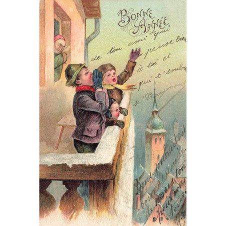 n°28504 - Carte Gaufrée - 3523 - Bonne Année - Enfants criant sur un balcon
