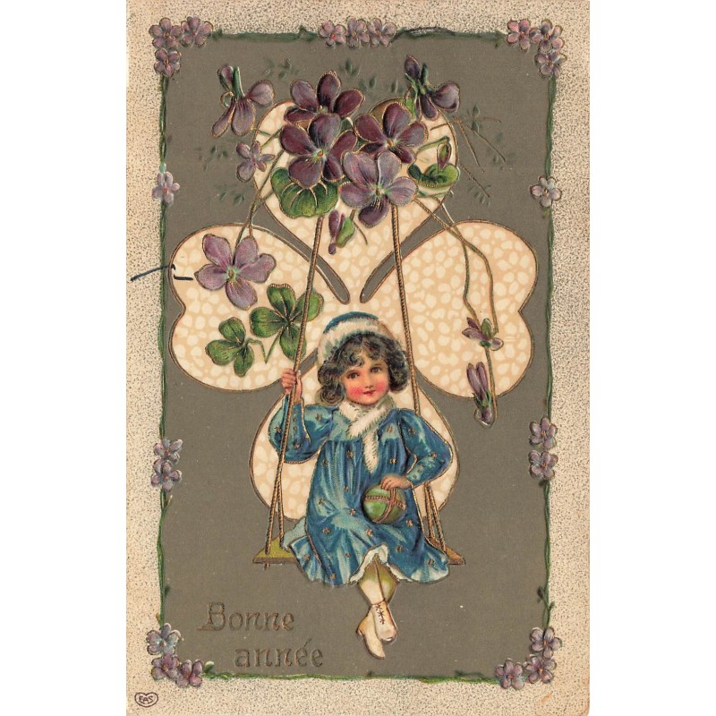 n°28505 - Carte Gaufrée - Bonne Année - Fillette sur une balançoire sous des violettes