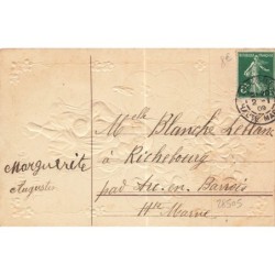 n°28505 - Carte Gaufrée - Bonne Année - Fillette sur une balançoire sous des violettes