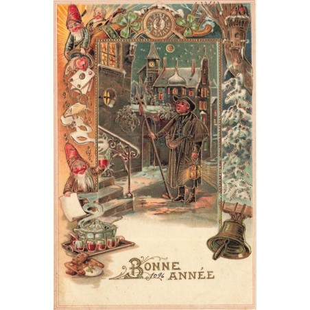 n°28506 - Carte Gaufrée - Bonne Année - Veilleur de nuit marchant dans une rue - nains