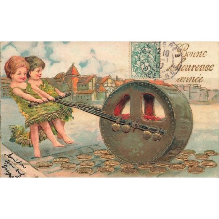 n°28507 - Carte Gaufrée - Bonne et Heureuse Année - Enfants tenant une grosse roue passant sur des pièces