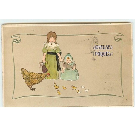 n°13425 - Carte Gaufrée - Joyeuses Pâques - Fillettes regardant une poule et ses poussins