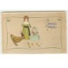 n°13425 - Carte Gaufrée - Joyeuses Pâques - Fillettes regardant une poule et ses poussins