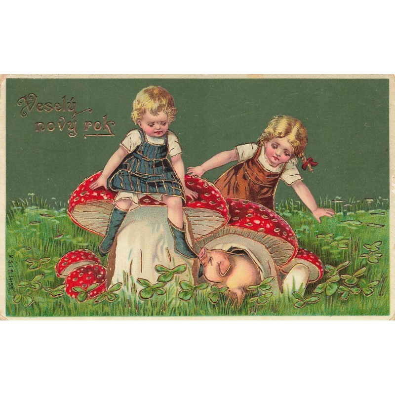 n°28512 - Carte Gaufrée - Vesely novy pok - Fillettes assises sur des champignons regardant des cochons