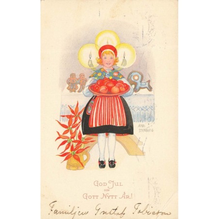 n°28514 - Aina Stenberg - God Jul och Gott nytt Ar - Fillette tenant un plateau rempli de fruits