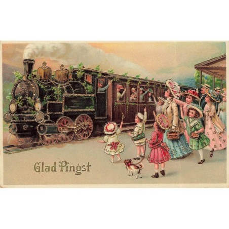 n°28516 - Carte Gaufrée - Pentecôte - Glad Pingst - Femmes et enfants saluant un train