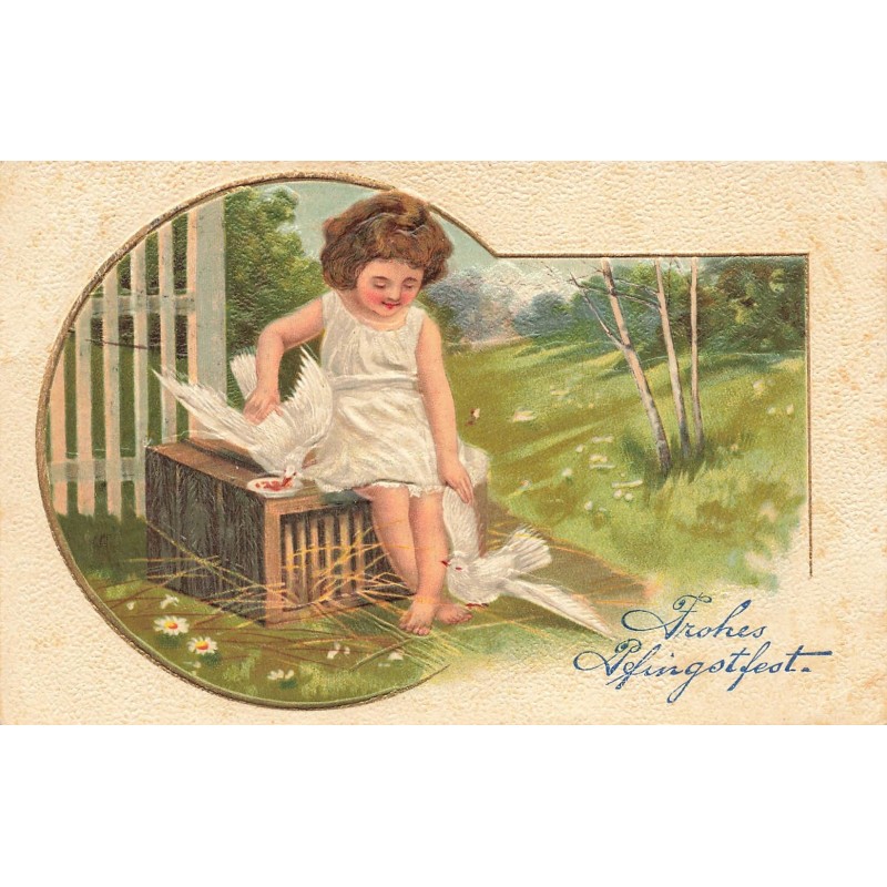 n°28517 - Carte Gaufrée - 597 - Pentecôte - Fröhes Pfingstfest - Fillette avec deux colombes