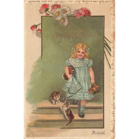 n°28518 - Carte Gaufrée - Mailick - Joyeuses Pâques - Chatons jouant près d'une fillette tenant un lapin
