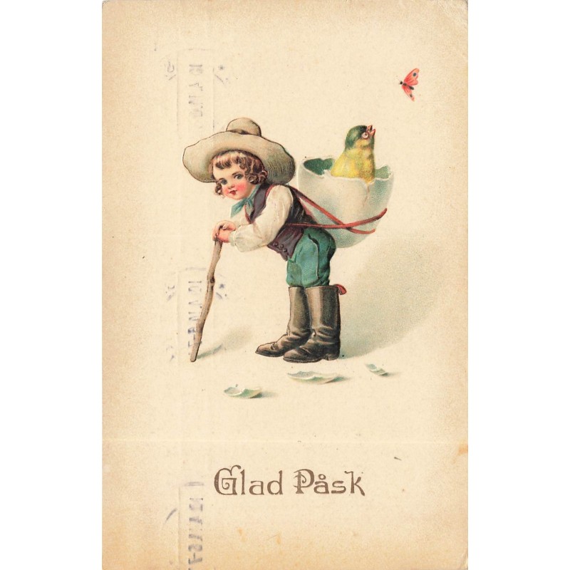 n°28521 - Carte Gaufrée - Pâques -Glad Pask - Garçon portant un poussin dans un oeuf regardant un papillon
