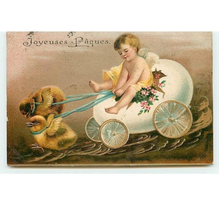 n°13426 - Carte Gaufrée - Clapsaddle - Joyeuses Pâques - Ange sur un oeuf tiré par des poussins