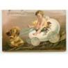n°13426 - Carte Gaufrée - Clapsaddle - Joyeuses Pâques - Ange sur un oeuf tiré par des poussins