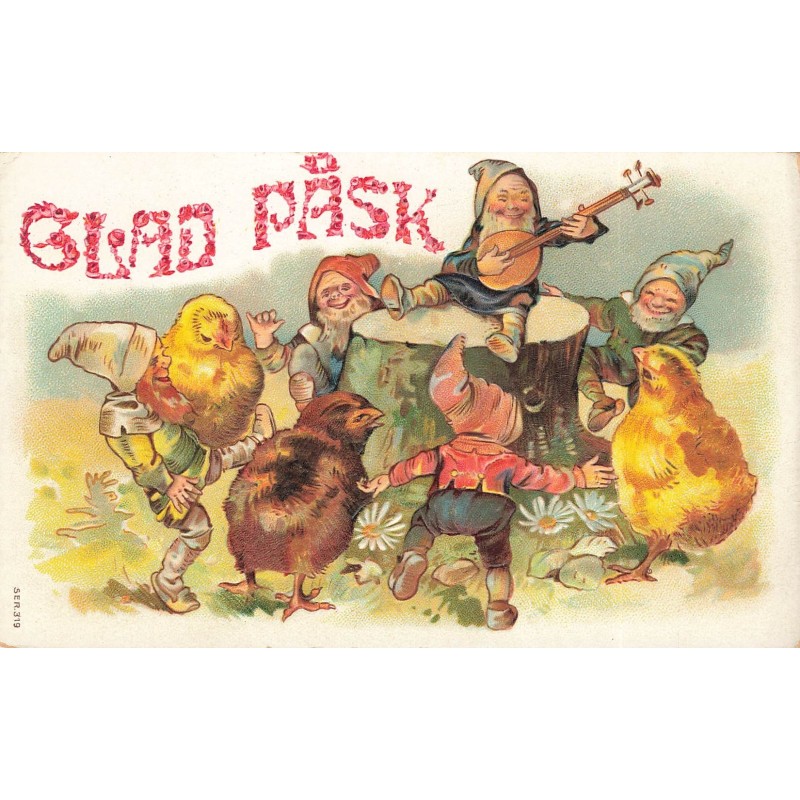 n°28523 - Carte Gaufrée - Pâques -Glad Pask - Nains et poussins faisant une ronde