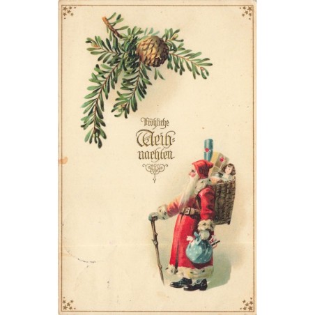 n°28524 - Carte Gaufrée - Père Noël portant une hotte et un baluchon rempli de jouets