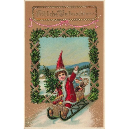 n°28525 - Carte légèrement Gaufrée - Fröhliche Weihnachten - Fillette sur une luge apportant des jouets