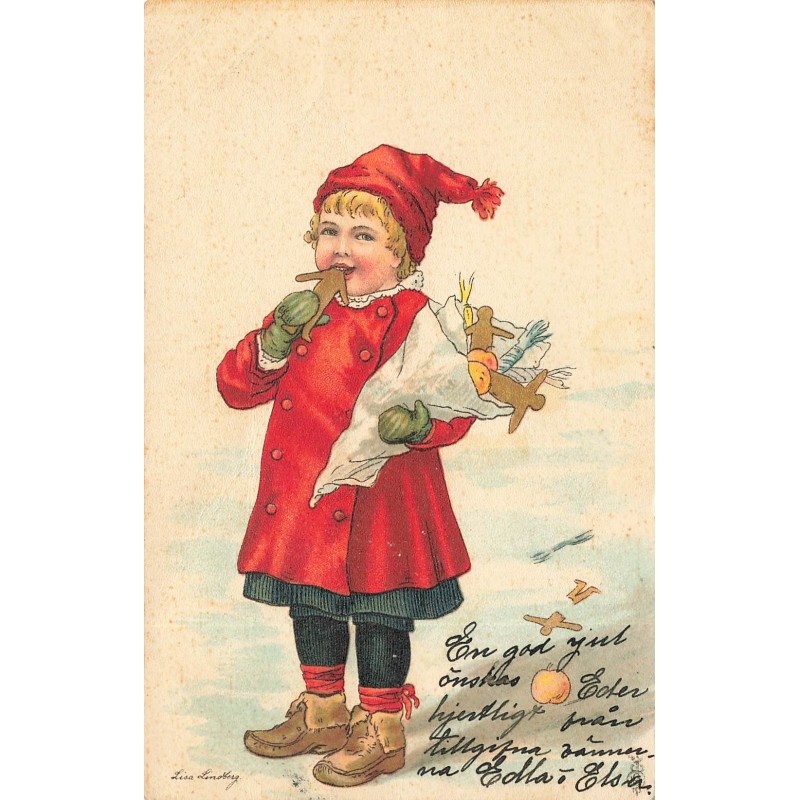 n°28526 - Lisa Lindberg - Noël - Fillette mangeant des gateaux en forme de bonhommes