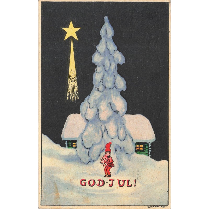 n°28529 -G. A. Kerlind - Noël - God Jul - Enfant près d'un grand sapin sous une étoile