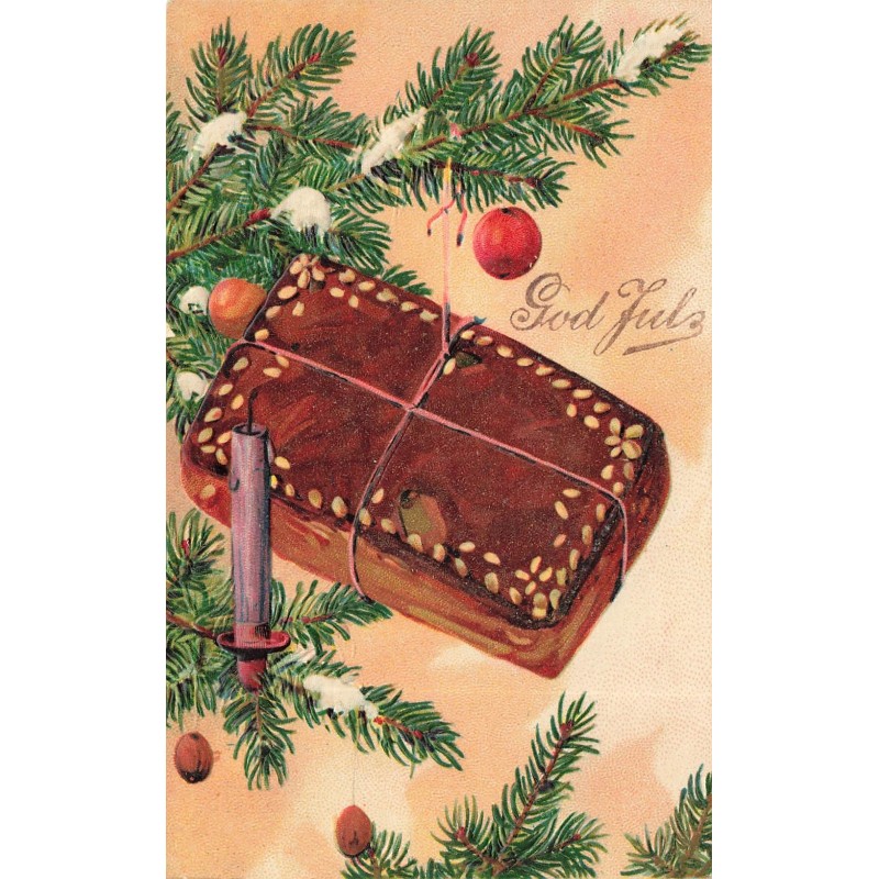 n°28530 -Carte Gaufrée - Noël - God Jul - Biscuit accroché dans un sapin