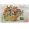 n°13427 -Joyeuses Pâques - Lapin caché dans un panier remplie d'oeuf et de fleurs