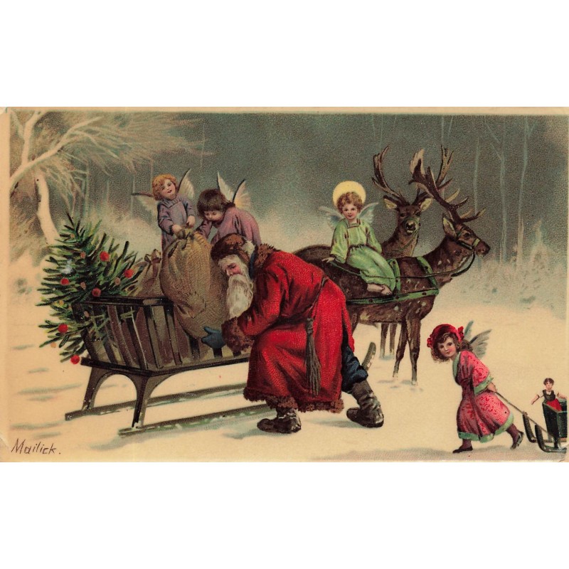 n°28533 -Mailick - Anges et Père Noël chargeant les sacs de jouets sur un traîneau