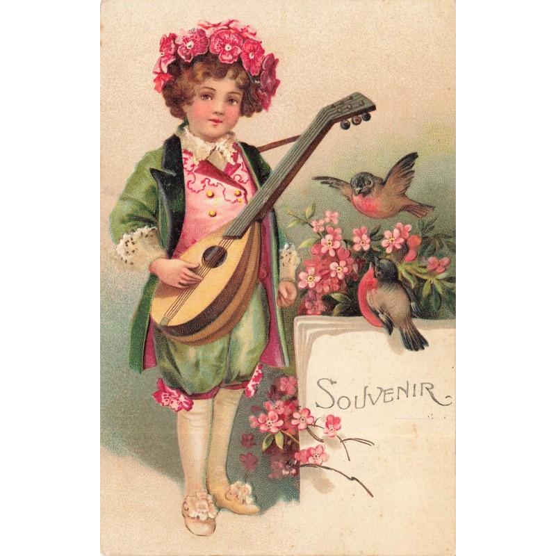 n°28534 - Carte Gaufrée - Fantaisie - Souvenir - Garçon jouant de la mandoline pour des oiseaux