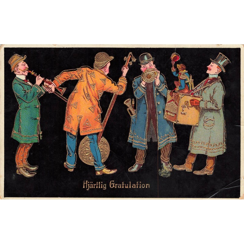 n°28537 - Carte Gaufrée - Fantaisie - Hjärtlig Gratulation - Hommes jouant de la musique - Orgue de Barbarie