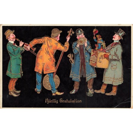 n°28537 - Carte Gaufrée - Fantaisie - Hjärtlig Gratulation - Hommes jouant de la musique - Orgue de Barbarie