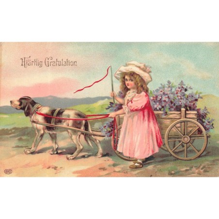 n°28538 - Fantaisie - Hjärtlig Gratulation - Fillette près d'une voiture à chien remplie de lilas