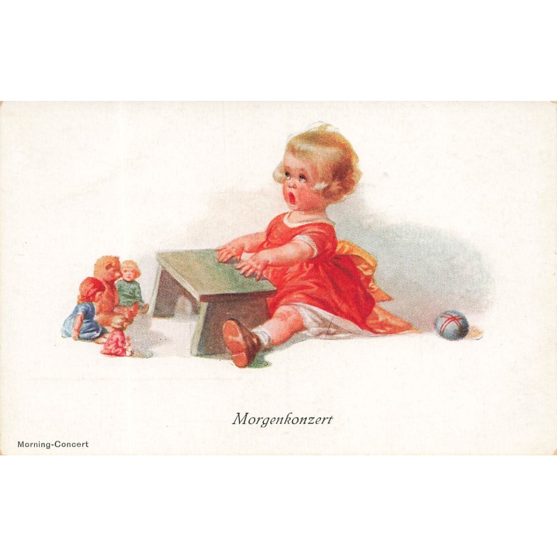 n°28546 - Fantaisie - Morning-Concert - Fillette chantant pour ses poupées et son ours en peluche - Teddy Bear