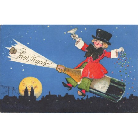 n°28551 - Baumgarten - Prosit Neujahr - Jeune fille à califourchon sur une bouteille de champagne humanisée