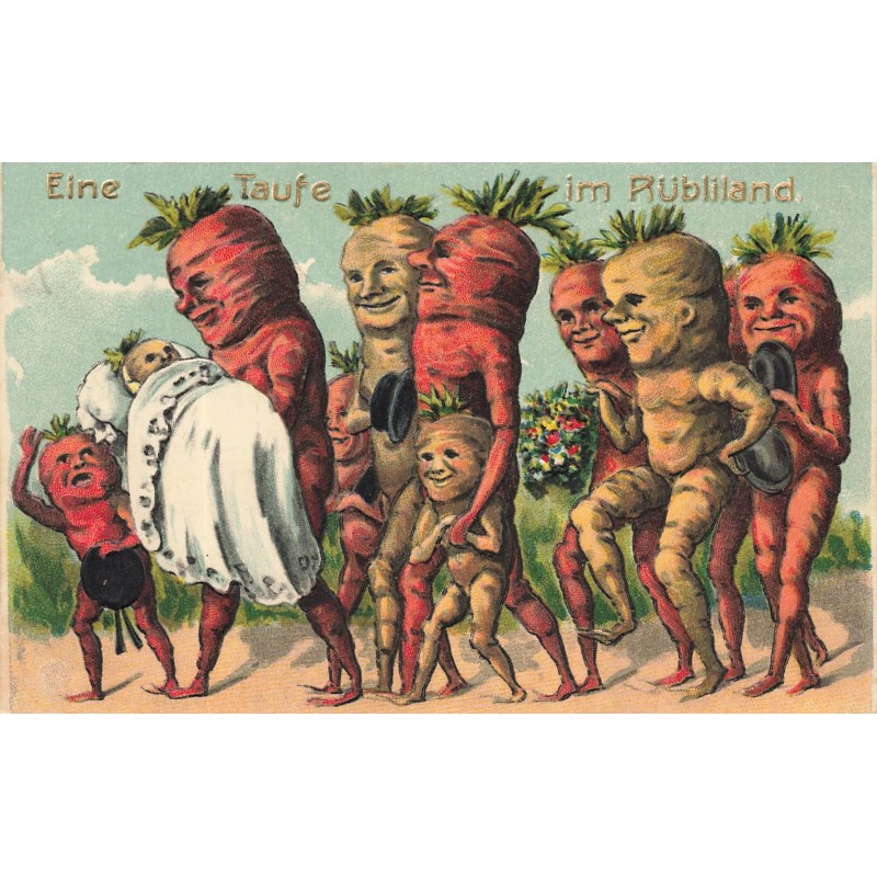 n°28553 - Carte Gaufrée - Suisse - Eine Taufe im Rubliland - Procession pour un baptême de carottes humanisées