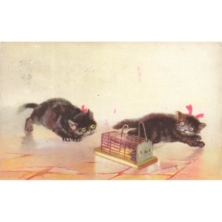 n°28560 - Animaux - Chats - Deux chatons noirs passant près d'une souris prise au piège