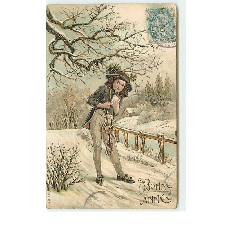 n°13432 - Carte Gaufrée - Bonne Année - Garçon dans la neige apportant une lettre
