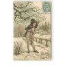 n°13432 - Carte Gaufrée - Bonne Année - Garçon dans la neige apportant une lettre