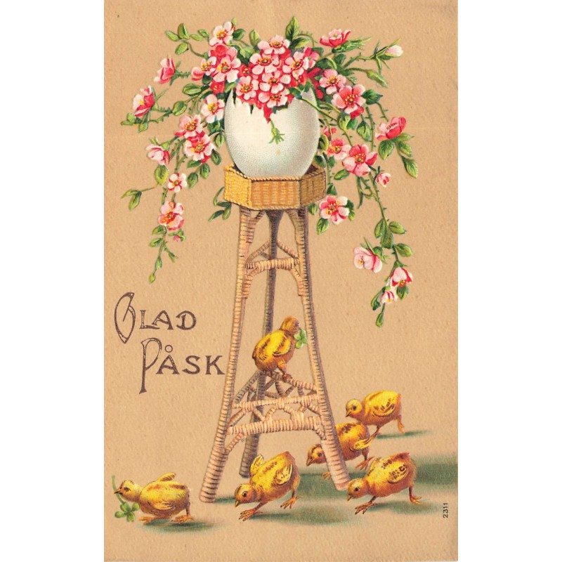 n°28563 - Carte Gaufrée - Glad Pask - Poussins sous un oeuf rempli de fleurs, posé sur un guéridon