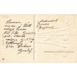 n°28563 - Carte Gaufrée - Glad Pask - Poussins sous un oeuf rempli de fleurs, posé sur un guéridon