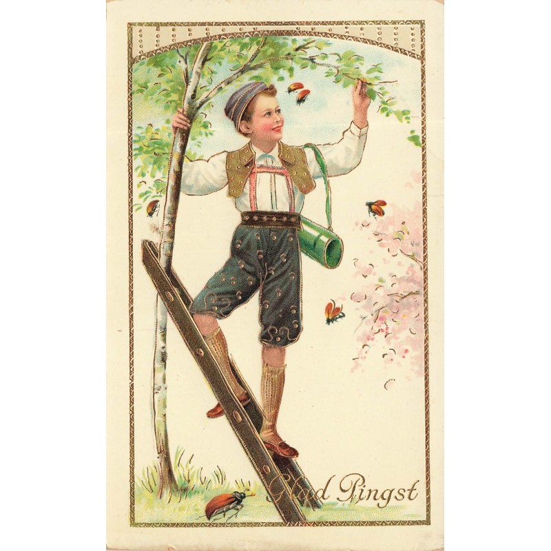 n°28565 - Carte Gaufrée - Glad Pingst - Garçon sur un échelle, attrapant des hannetons