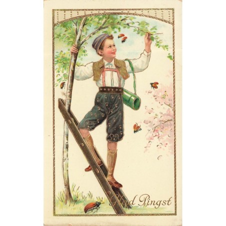 n°28565 - Carte Gaufrée - Glad Pingst - Garçon sur un échelle, attrapant des hannetons
