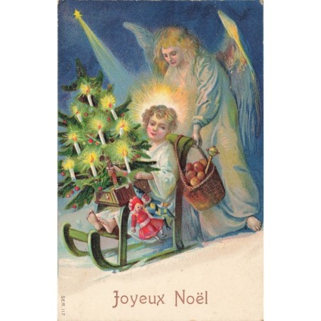 n°28566 - Carte Gaufrée - Joyeux Noël- Ange gardien poussant un enfant assis dans un traîneau