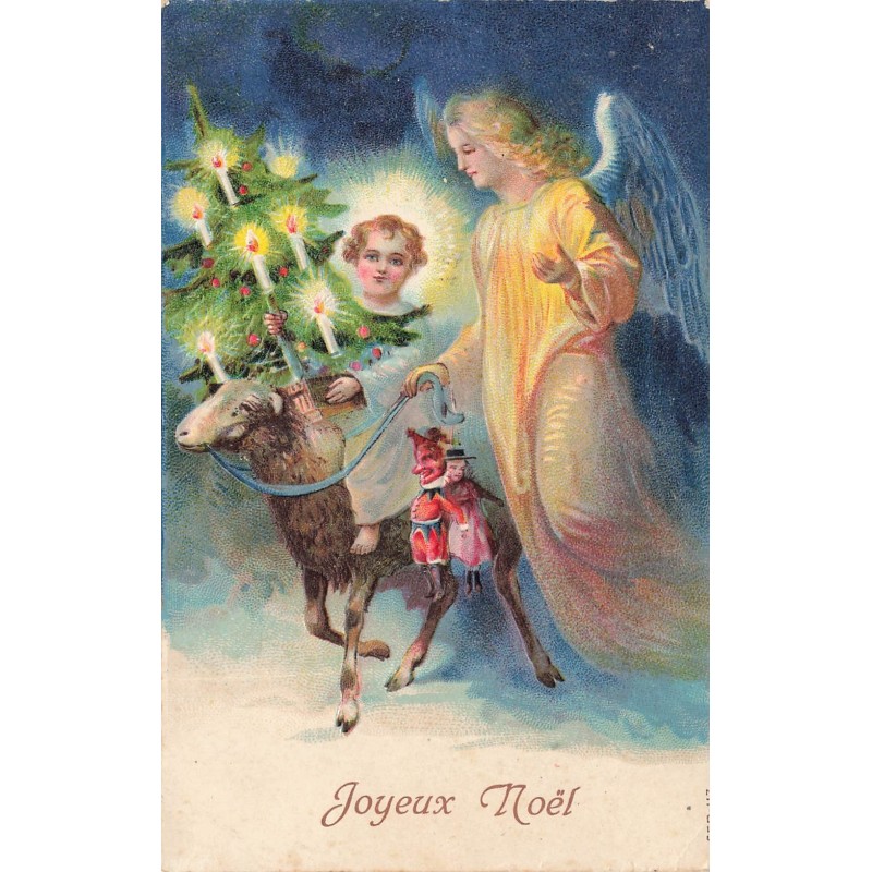 n°28567 - Carte Gaufrée - Joyeux Noël - Ange gardien tenant en laisse un mouton ave un ange assis sur son dos