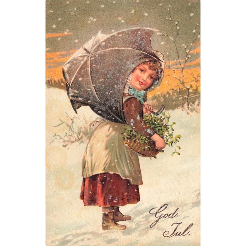 n°28569 - Carte Gaufrée - God Jul - 6559 - Fillette portant un panier rempli de gui, marchant dans la neige
